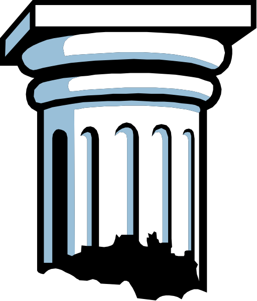 The image shows a black and white illustration of an ancient Greek temple with columns on either side against a gray background.