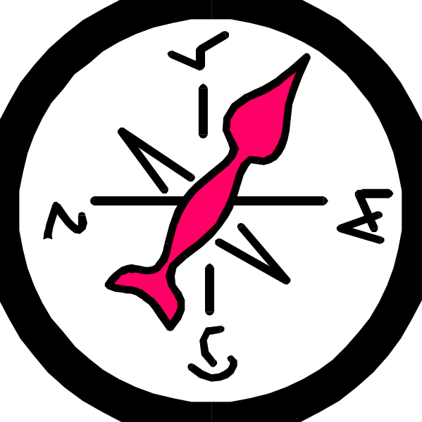 The image shows a compass rose with cardinal directions labeled N E S W at each point of the circle; within this circular frame is an emblem featuring two crossed swords pointing upwards towards the top right corner, and below them there's text that reads "NORTH SOUTH."