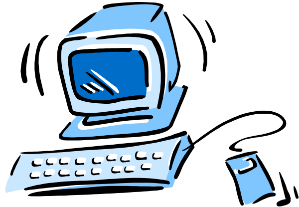 The image shows a cartoon of an old computer with its screen displaying blue text on top of it, placed next to what appears to be another device that could possibly be a keyboard or mouse.