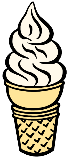 The image shows a cartoon ice cream cone with vanilla soft serve inside it on top of an illustration that resembles a black-and-white striped background.