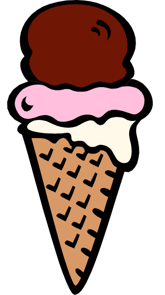 The image shows a cartoon ice cream cone with two scoops of pink ice cream on top against an orange background.