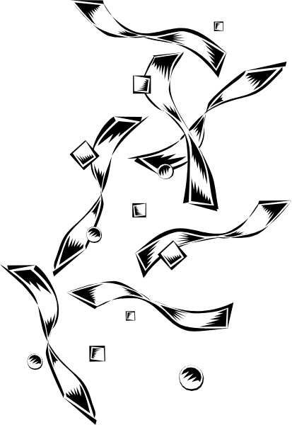 The black and white photo shows a collection of geometric shapes including squares, rectangles, circles, triangles, lines, dots, arrows pointing in different directions, and what appears to be an abstract representation resembling a person with limbs spread out against a dark background.