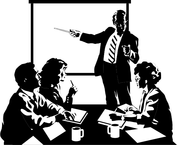 The black and white illustration shows a man standing at front of room with his hand raised as if gesturing to someone in back who is seated behind papers on table; two other individuals sit around him engaged in conversation, one holding what appears to be an object resembling a gun or microphone.