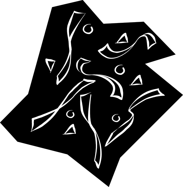 The black and white illustration shows a stylized abstract design with various shapes that could be interpreted as letters or symbols in an unidentified script, possibly resembling Arabic calligraphy, set against a dark background on what appears to be a computer screen displaying the image of another object.