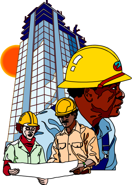 The illustration depicts three construction workers standing outside a building under blue skies with clouds; two of them appear to be engaged in conversation while one is holding up plans for reviewing by another worker who seems focused on something else, possibly related to their work or discussion at hand.