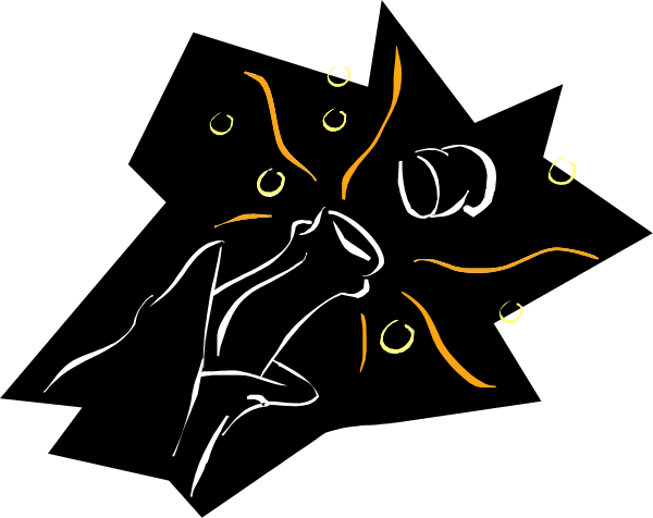 The black and white illustration shows a hand holding fireworks with sparks flying out of them against an orange background at nighttime.