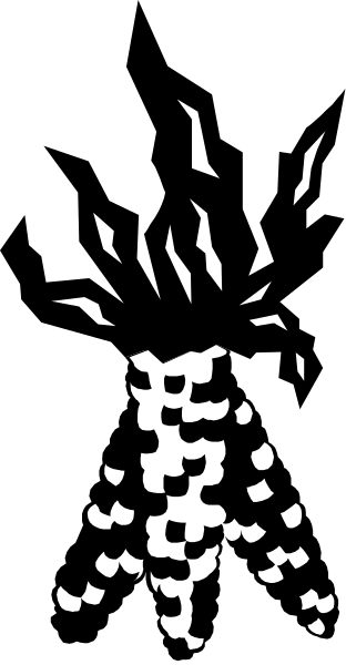 The image shows a cartoon of an ear of corn with golden kernels on top against a black background.