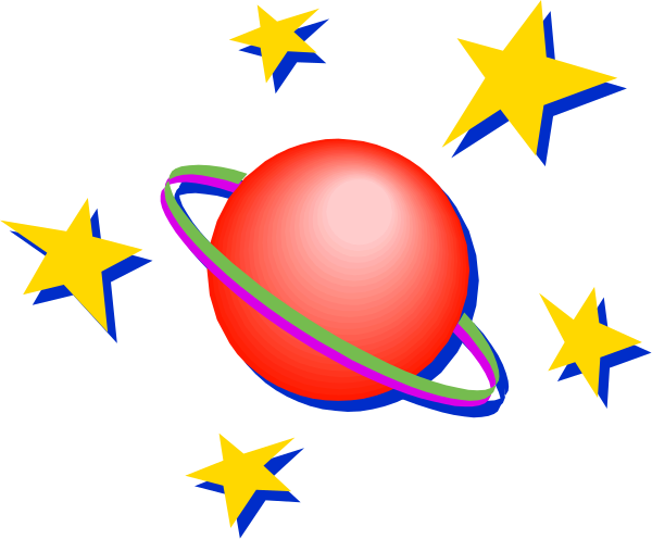 The image shows a colorful digital illustration of an orange planet with rings around it set against a starry night sky filled with stars in various sizes and hues.