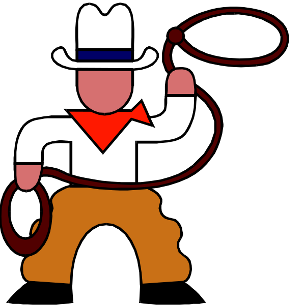 The image shows a cartoon of an animated cowboy holding two lassos with his hands crossed over each other while standing on one leg in front of another figure that appears to be tied up by ropes, suggesting capture or restraint.