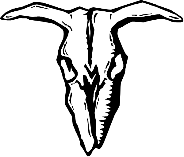 The black and white logo of a skull with horns on top against an unidentified background.