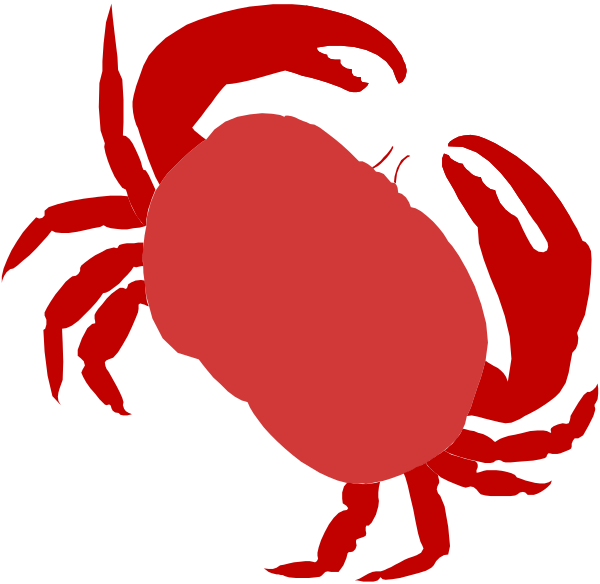 The image shows a red cartoon crab with its claws raised against an all black background.