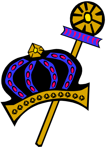 The image shows a stylized illustration of an emblem featuring what appears to be a crown with two crossed swords beneath it on either side; above this central motif is a shield-like shape, and atop that there's a small flag or banner waving in the wind.
