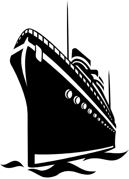 The black and white silhouette of a cruise ship with passengers on board against an ocean background.