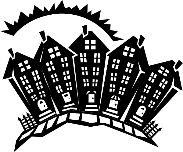 The black silhouette of a city skyline with buildings against nighttime background.