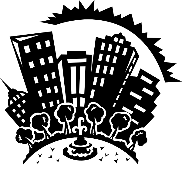 The black and white silhouette of a cityscape with buildings on either side featuring trees at their base, an open park area in front, and skyscrapers behind; there is also a small fountain-like feature near the center where two birds appear to be perched or flying.