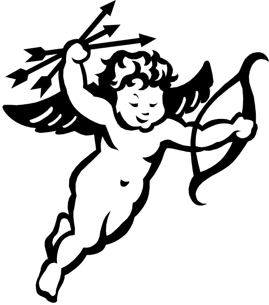 The black and white silhouette of a baby angel flying with wings spread wide against an empty background.