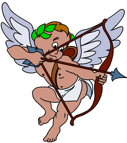 The image shows a cartoon of Cupid shooting an arrow with wings on his back while holding it between two fingers.