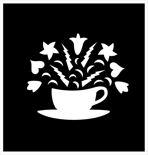 The black and white illustration shows a coffee cup overflowing with various items such as stars, hearts, flowers, leaves, birds, fish, and other decorative elements that resemble confetti-like patterns; it is set against a dark background.