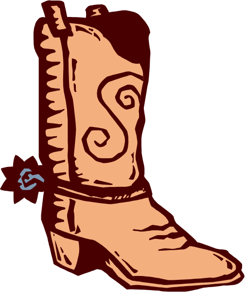 The image shows a cartoon cowboy boot with spurs on it against a plain background.