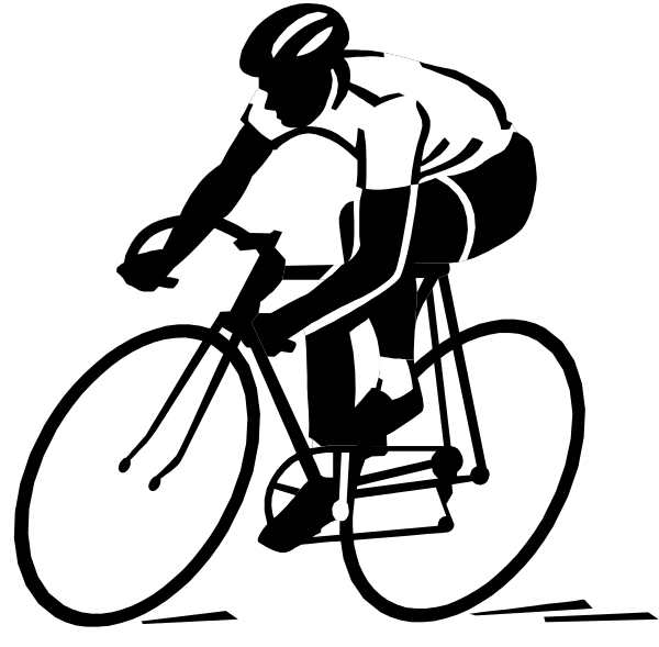 The black and white silhouette of a person riding on top of an animal with two legs extended forward while holding onto something in front of them.