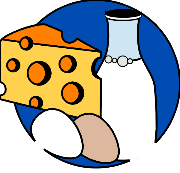 The illustration shows a cartoon depiction of cheese slices on top of milk bottles with eggs beside them; there is also an image of a slice of pizza in front of these items.