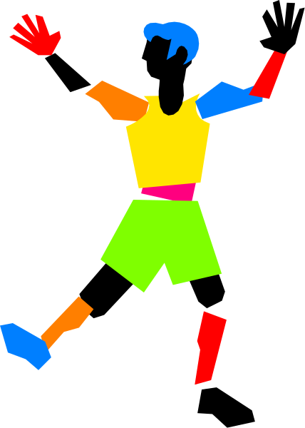 The image shows a black silhouette of an athlete running with colorful stickers on it against a gray background.