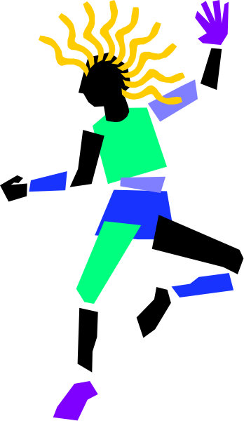 The image shows a colorful stick figure of an animated person running on what appears to be a gray surface with their arms outstretched for balance.
