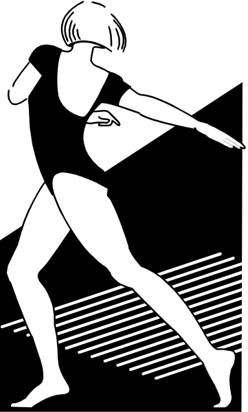 The black and white silhouette of a person running with their arms outstretched against an abstract background.