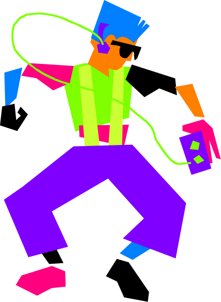 The image shows a colorful pixelated illustration of an animated character who appears to be dancing with their arms outstretched while holding what looks like a smartphone in one hand.