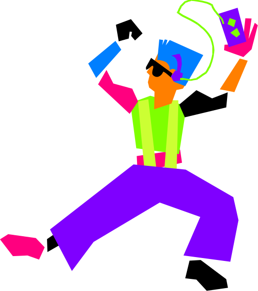 The image shows a colorful cartoon of an animated character who appears to be running with their arms outstretched as if in motion against a dark background.
