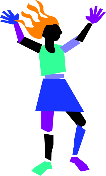 The image shows a cartoon of an animated character who appears to be dancing with their arms raised above them against a dark background.