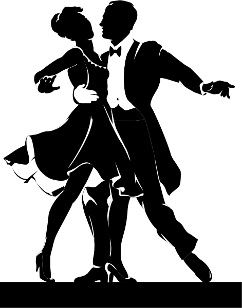 The black and white silhouette of a person dancing with their arms outstretched against a dark background.