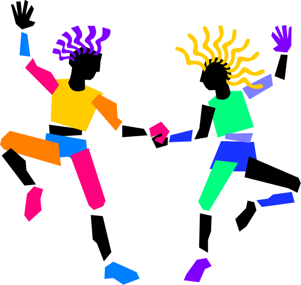 The image shows two cartoon figures running towards each other with a playful expression on their faces; both characters have exaggerated hair styles in bright neon shades of pink, blue, green, yellow, orange and purple against a black background.