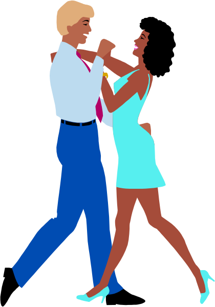 The image shows a man dancing with a woman; both characters appear to be mid-motion as if caught up in their dance steps on what looks like an outdoor stage at nighttime.