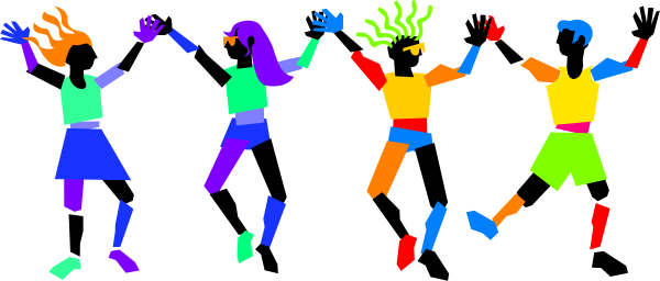 The image shows a group of colorful stick figure characters dancing together with their arms raised high above them against an unseen background.