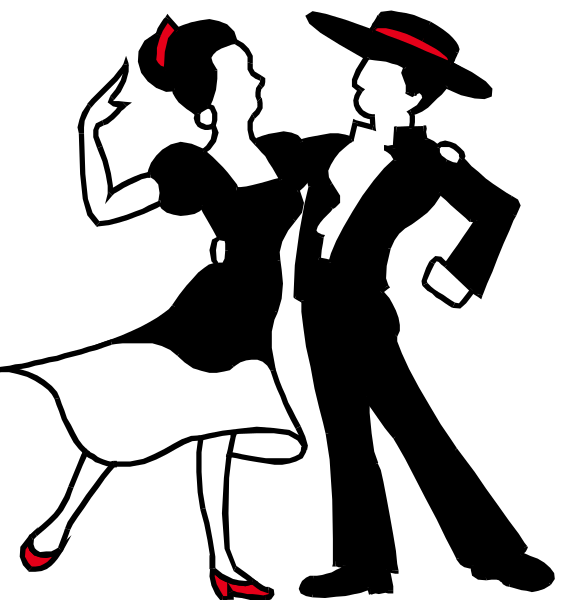 The black and white illustration shows two silhouettes of dancing figures with exaggerated facial features; a man is on the left in mid-dance pose while holding his hat to chest level, and a woman stands behind him also engaged in dance movement.