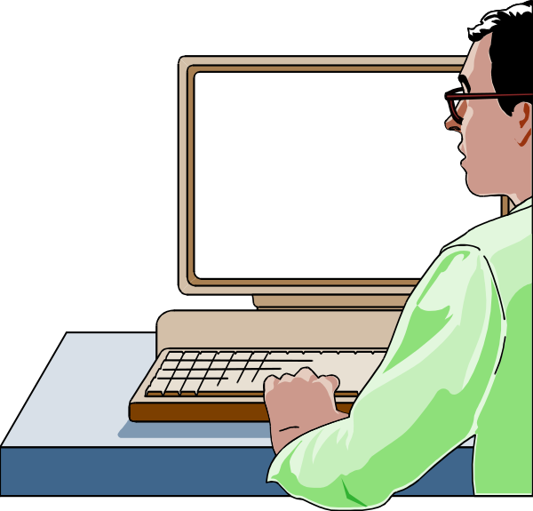 The illustration shows a man sitting at an office desk with his back to us; he is using a computer keyboard on top of what appears to be a monitor screen that displays nothing but white space.