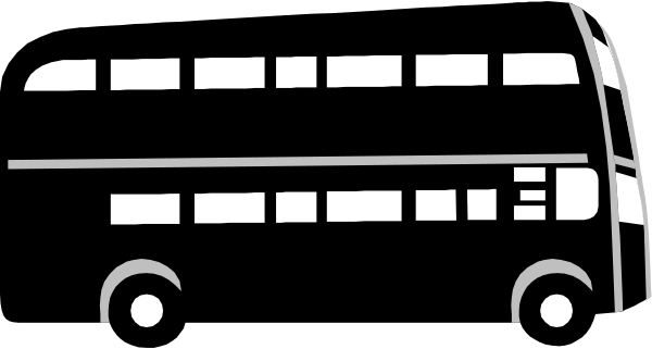 The black and white silhouette of a double decker bus on wheels with windows indicating passengers inside.