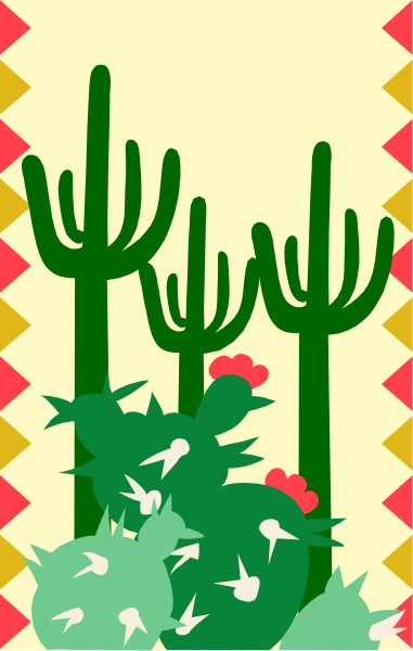 The image shows a desert scene with three cacti of varying heights against an orange background that has red triangles at each corner; there is also greenery in front of two of the cactus, and what appears to be blue flowers on top right side.