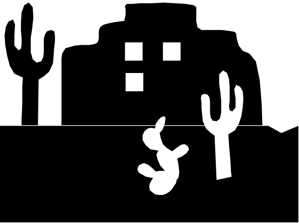The black and white silhouette of a cactus with two arms raised above it against an empty background.