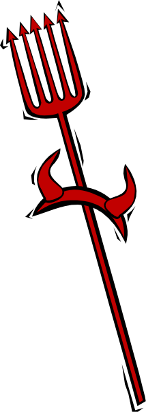 The image shows a red pitchfork with three prongs against a black background.