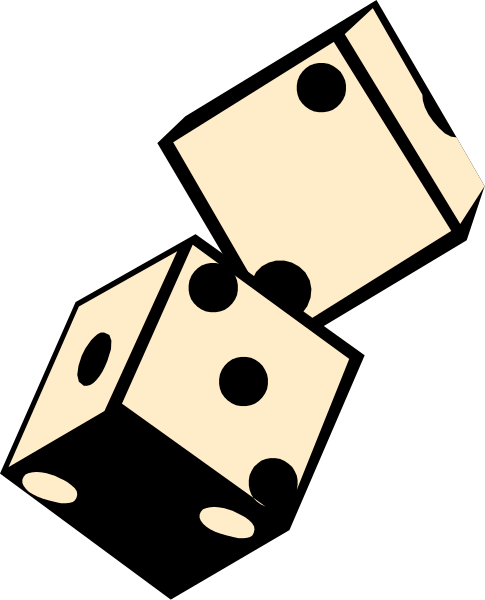The image shows a digital representation of three dice with black dots on them against an untextured background that resembles gray stone tiles.