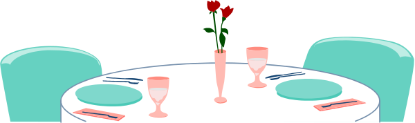 The image shows a table set for two with wine glasses filled halfway up, red roses on top of each glass as centerpieces, blue plates in front of chairs that have no people sitting at them yet, and there is one rose between the place settings indicating it's Valentine's Day.