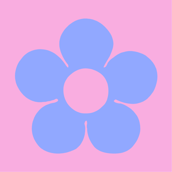 The image shows a pink background with an illustration of two blue flowers on it.