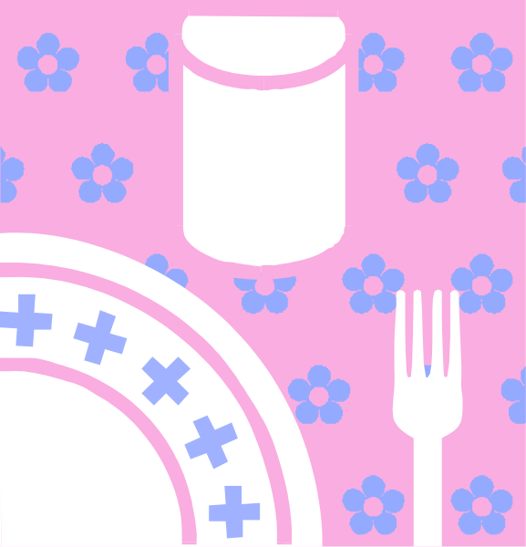 The image shows a pink tablecloth with white floral pattern featuring various dining items such as plates, cups, forks, knives, spoons, bowls, vases, cakes, wine glasses and other kitchenware arranged on it in an organized manner along with some food like pizza slices.