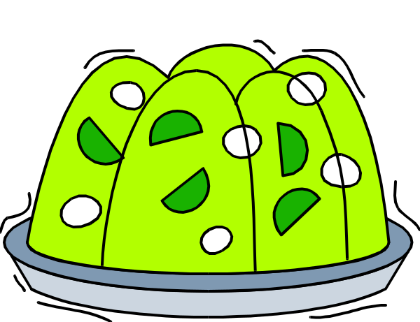 The cartoon shows a green Jello dessert with white dots on top placed inside an oven that is turned off in what appears to be a kitchen environment.