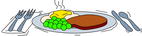 The image shows a plate of food on top of which rests silverware including fork, knife, spoon; there is also an assortment of vegetables like peas and carrots in front of it all set against a dark background with no other objects visible.