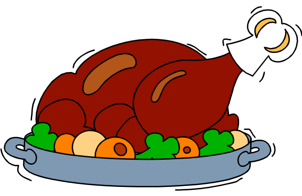 The image shows a cartoon of an uncooked turkey with stuffing inside it sitting on top of vegetables like carrots in what appears to be a roasting pan within a kitchen environment.