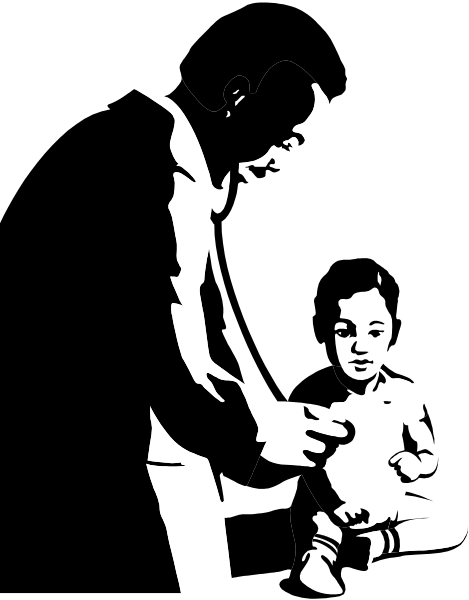 The black and white silhouette of a man holding an infant while sitting on what appears to be a bench with another person standing nearby in front of them both.