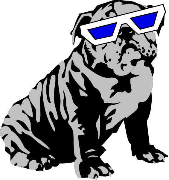 The image shows a stylized depiction of an Asian bulldog wearing sunglasses with blue lenses on its face while sitting upright against what appears to be a black background; there is no text present in this clip-art illustration, and it has been edited for color contrast by adding white highlights.